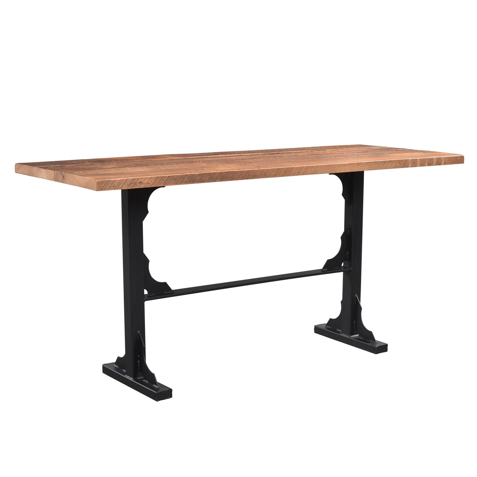 A rustic industrial console table featuring a warm medium-brown wood plank top and a black cast iron trestle base, shown against a plain white background.