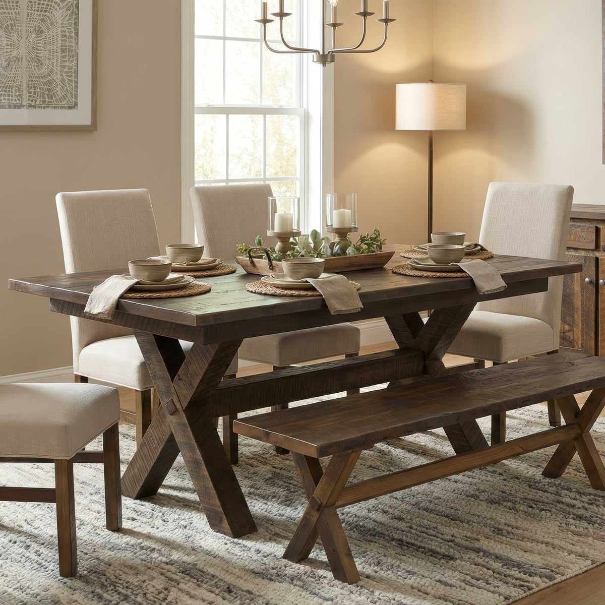 A rustic dark wood dining table set in a warm, neutral-toned dining room with four upholstered chairs, a matching bench, and tableware arranged on a patterned rug.