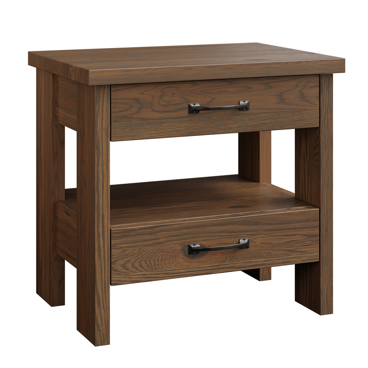 Wooden side table with two drawers on a white background