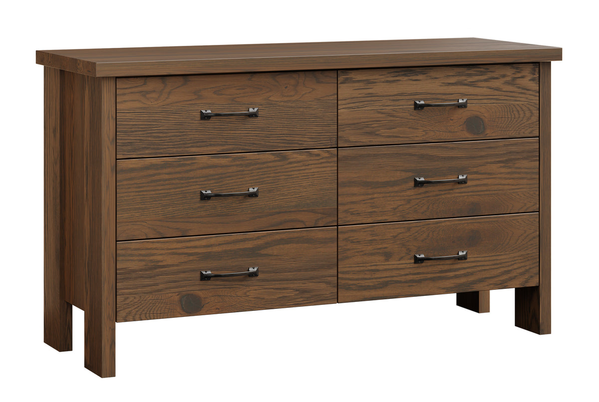 A six-drawer wooden dresser with a medium brown finish and dark metal bar handles, shown on a plain white background.