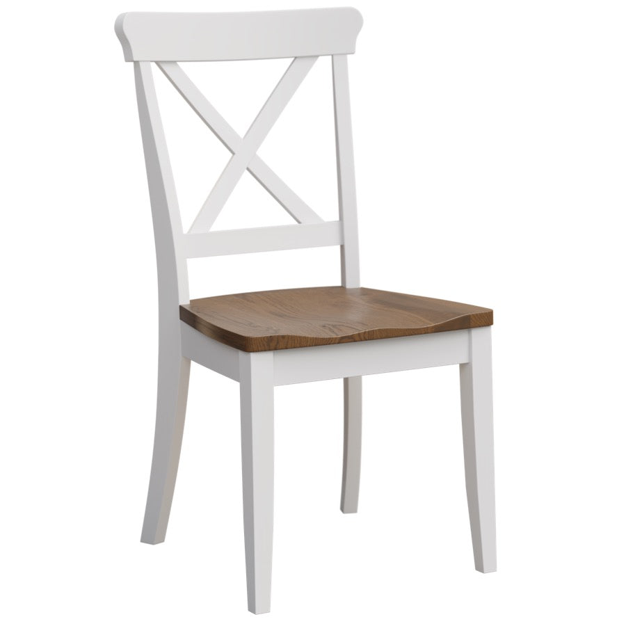 A white wooden dining chair with a natural brown wood seat, featuring a tall backrest with an X-crossback design, shown against a plain white background.