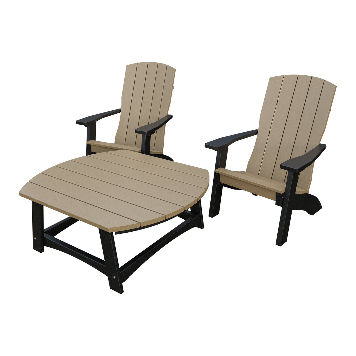 Amish Coastal 3pc Patio Set: 2 Chairs & Coffee Table in Weathered Wood & Black