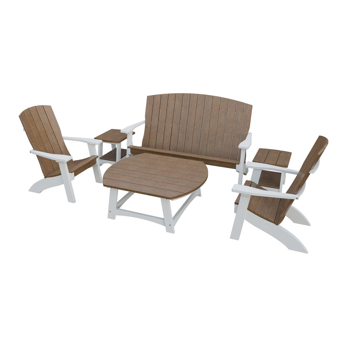Amish Coastal 6-Piece Patio Set: Bench, 2 Chairs & 3 Tables in Antique Mahogany & White