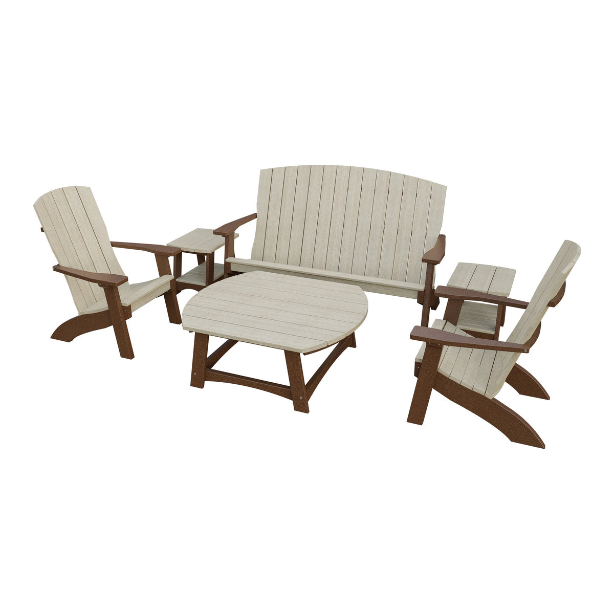 Amish Coastal 6-Piece Patio Set: Bench, 2 Chairs & 3 Tables in Birchwood & Tudor Brown