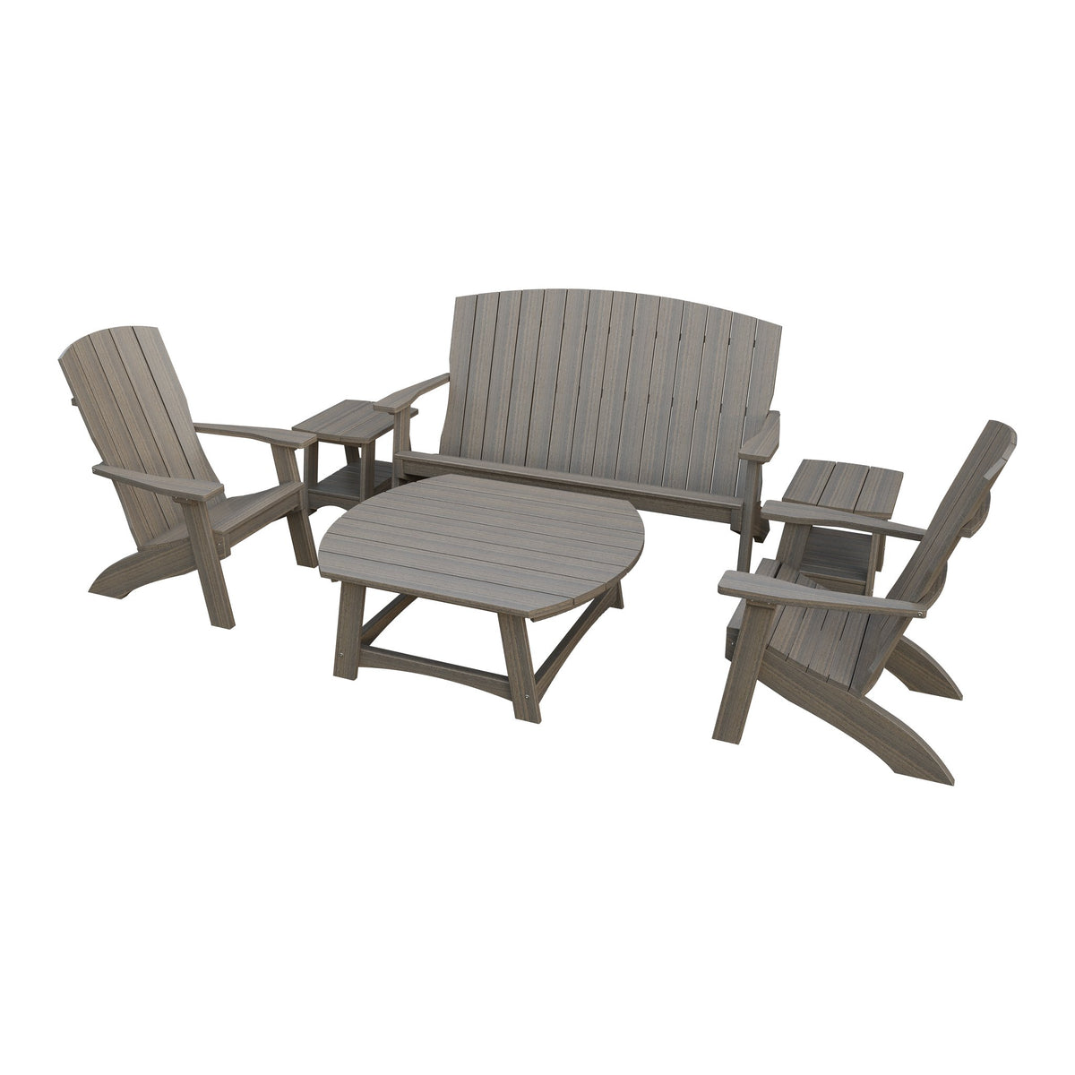 Amish Coastal 6-Piece Patio Set: Bench, 2 Chairs & 3 Tables in Coastal Gray