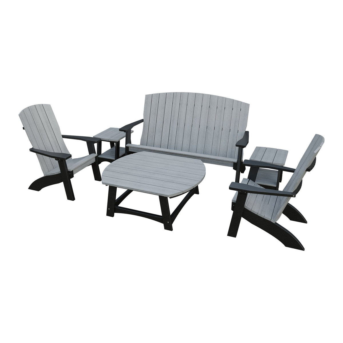 Amish Coastal 6-Piece Patio Set: Bench, 2 Chairs & 3 Tables in Driftwood Gray & Black