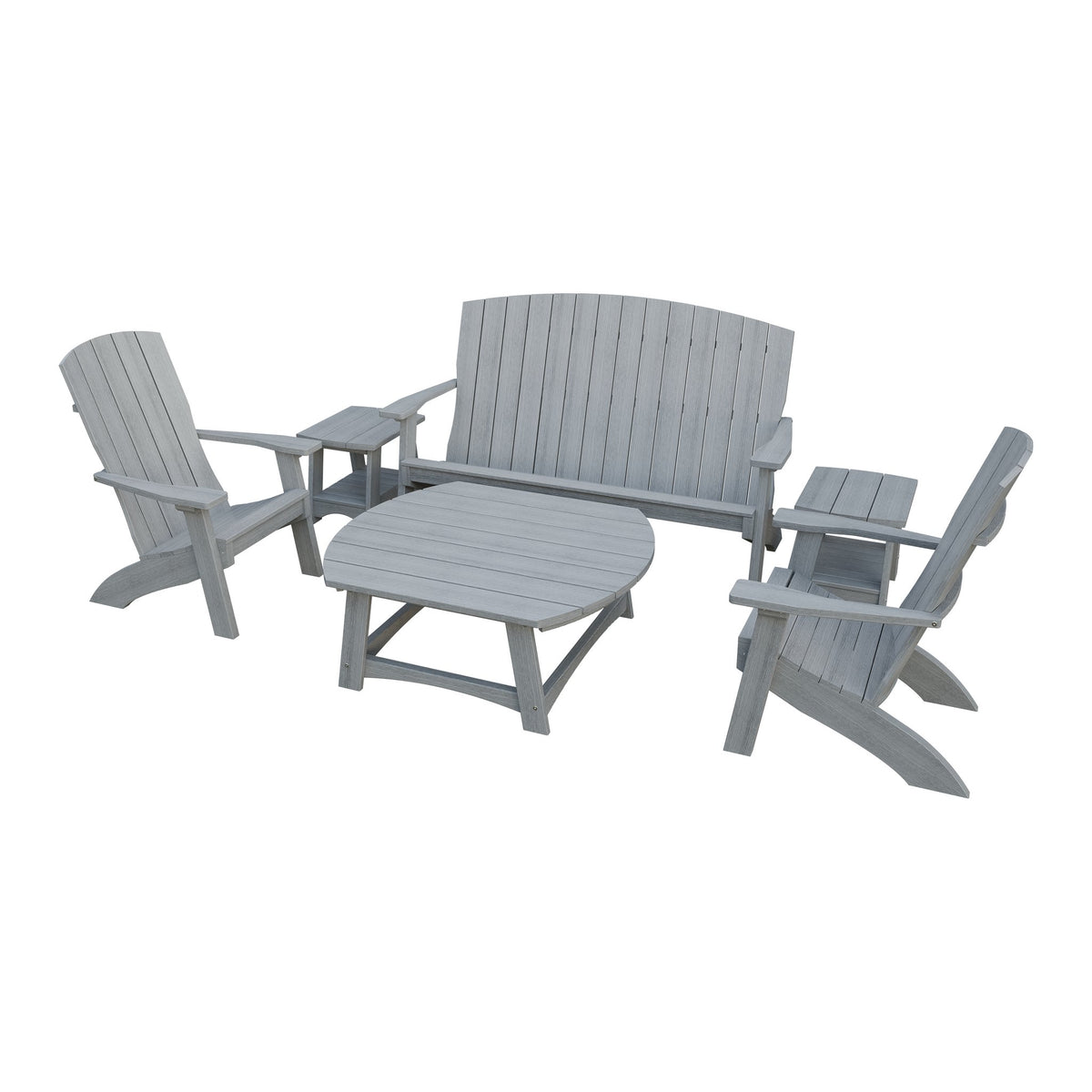 Amish Coastal 6-Piece Patio Set: Bench, 2 Chairs & 3 Tables in Driftwood Gray