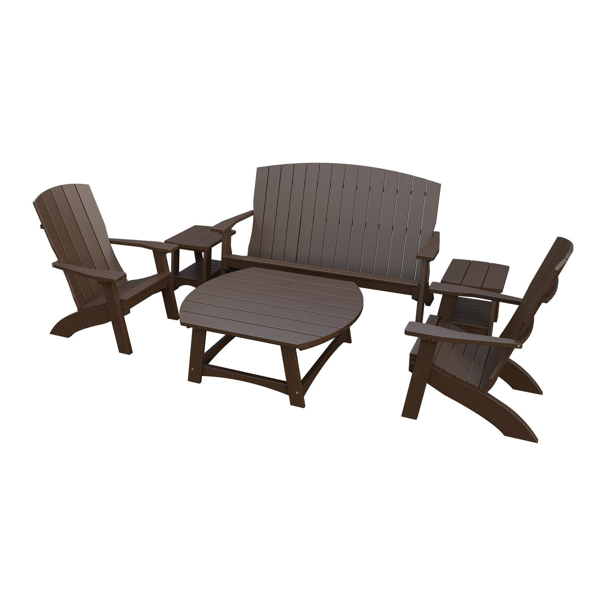 Amish Coastal 6-Piece Patio Set: Bench, 2 Chairs & 3 Tables in Milwaukee Brown