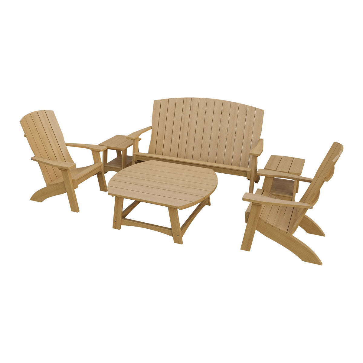 Amish Coastal 6-Piece Patio Set: Bench, 2 Chairs & 3 Tables in Natural Teak