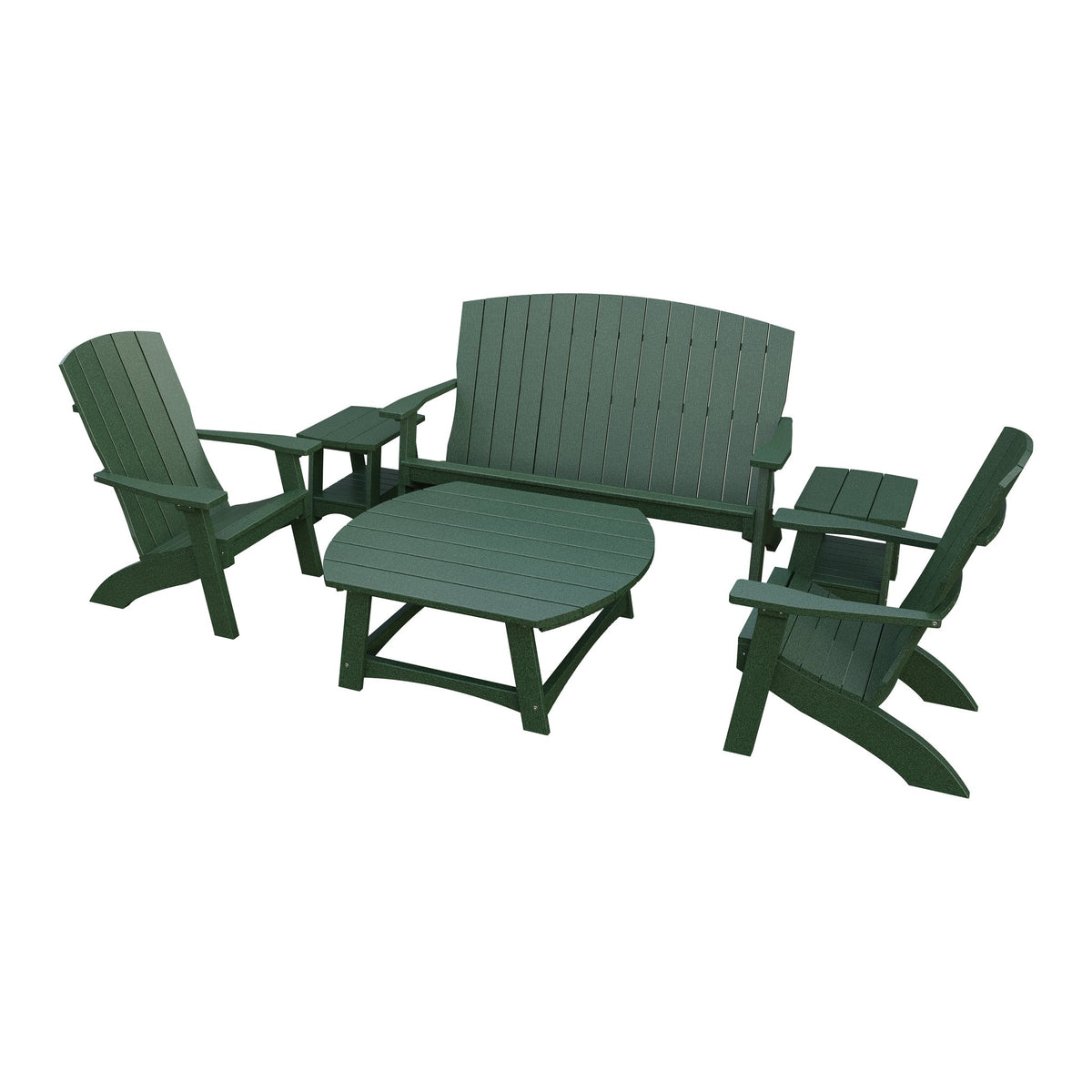 Amish Coastal 6-Piece Patio Set: Bench, 2 Chairs & 3 Tables in Turf Green