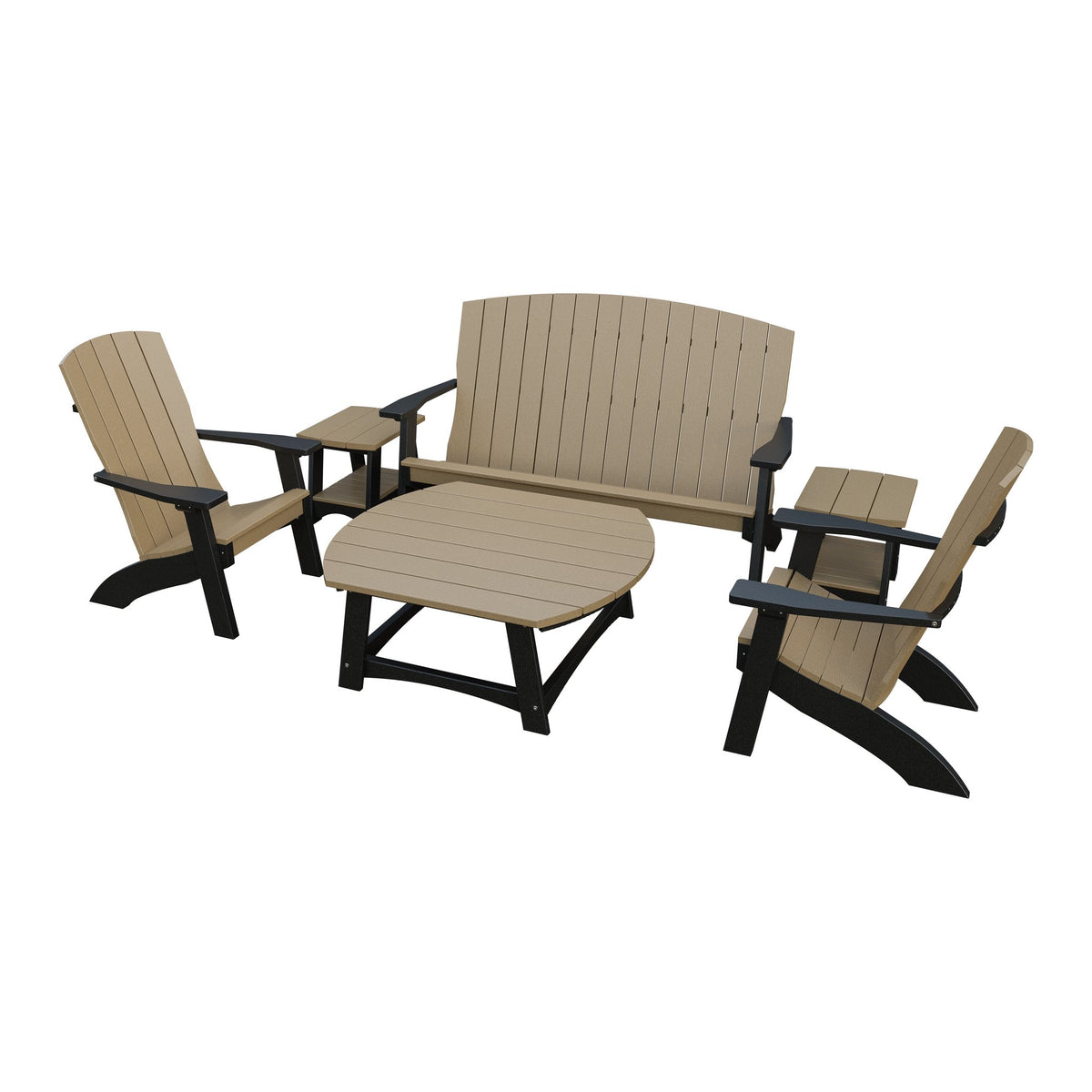 Amish Coastal 6-Piece Patio Set: Bench, 2 Chairs & 3 Tables in Weathered Wood & Black