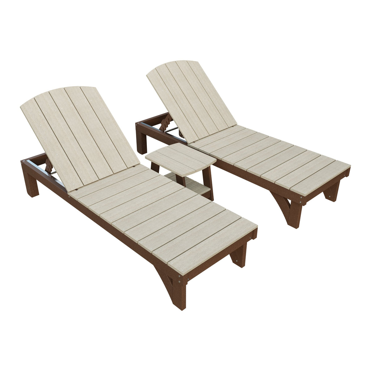 Amish Coastal 3pc Patio Lounger Set: 2 Loungers & End Table in Birchwood & Tudor Brown