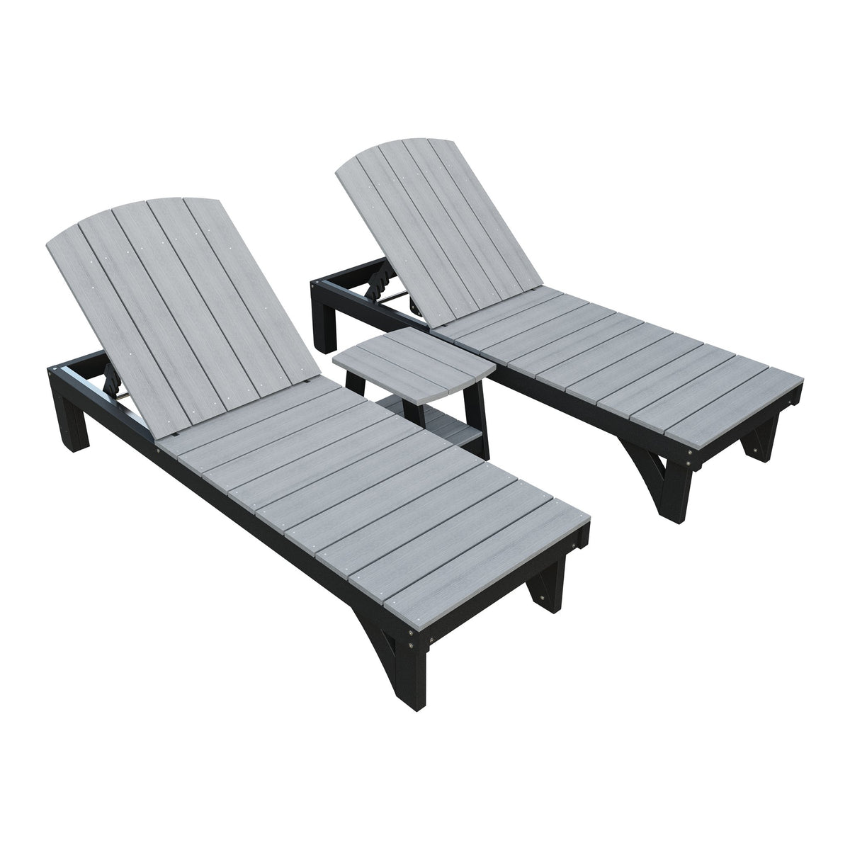 Amish Coastal 3pc Patio Lounger Set: 2 Loungers & End Table in Driftwood Gray & Black
