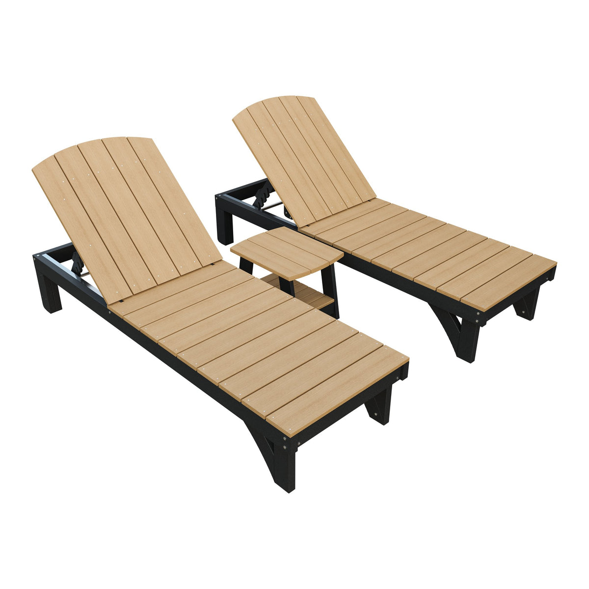 Amish Coastal 3pc Patio Lounger Set: 2 Loungers & End Table in Natural Teak & Black
