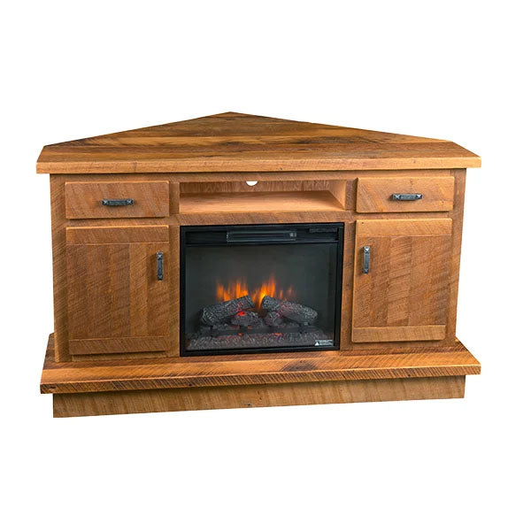 A triangular wooden corner fireplace cabinet with an integrated electric fireplace insert, featuring two drawers on the upper section, two cabinet doors on the lower section, and a faux log fire display inside a black glass front.