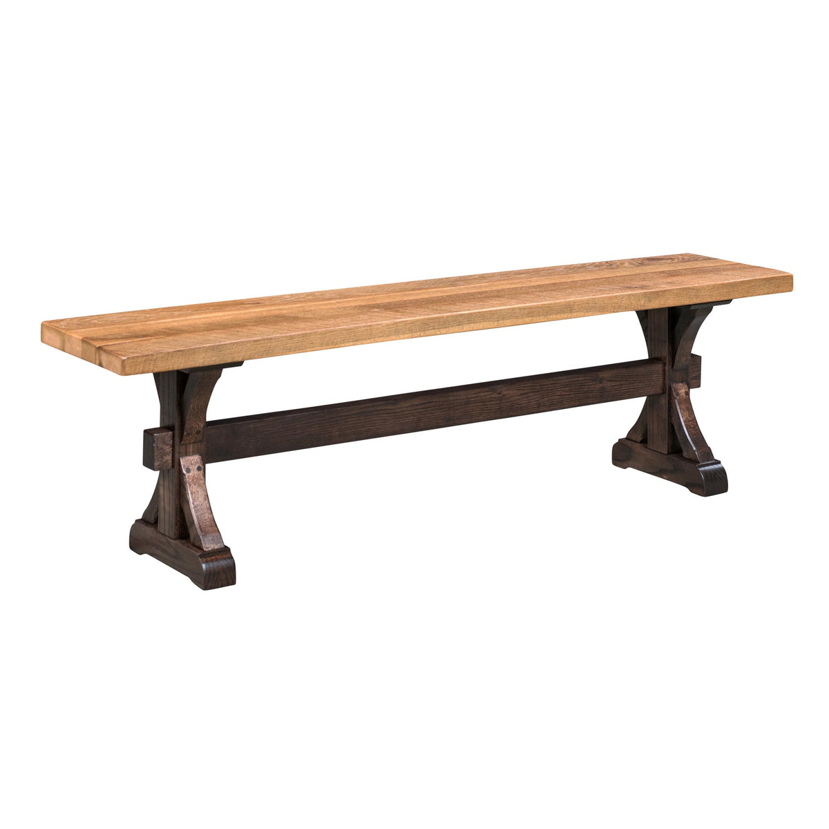 A rustic wooden bench with a light brown plank seat and a dark brown trestle-style base, shown on a plain white background.