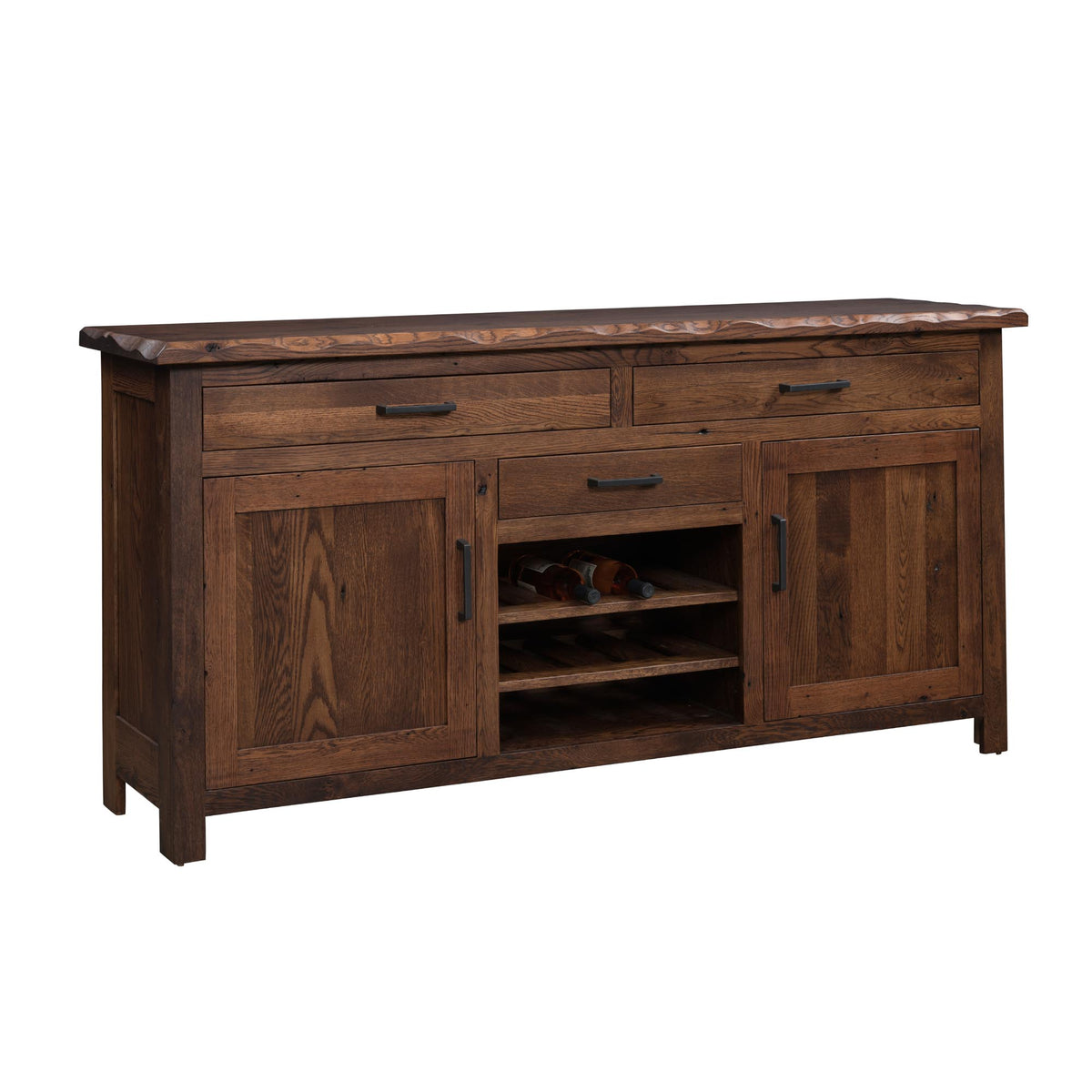 Wooden sideboard with multiple drawers and doors on a white background
