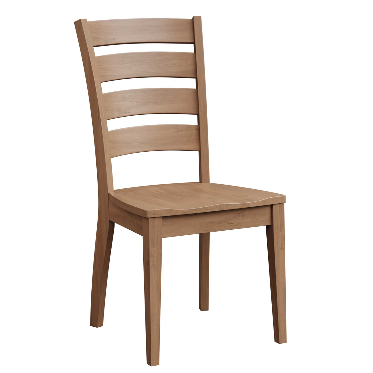 A wooden ladder-back dining chair with a light brown finish, shown from a three-quarter angle on a solid white background.
