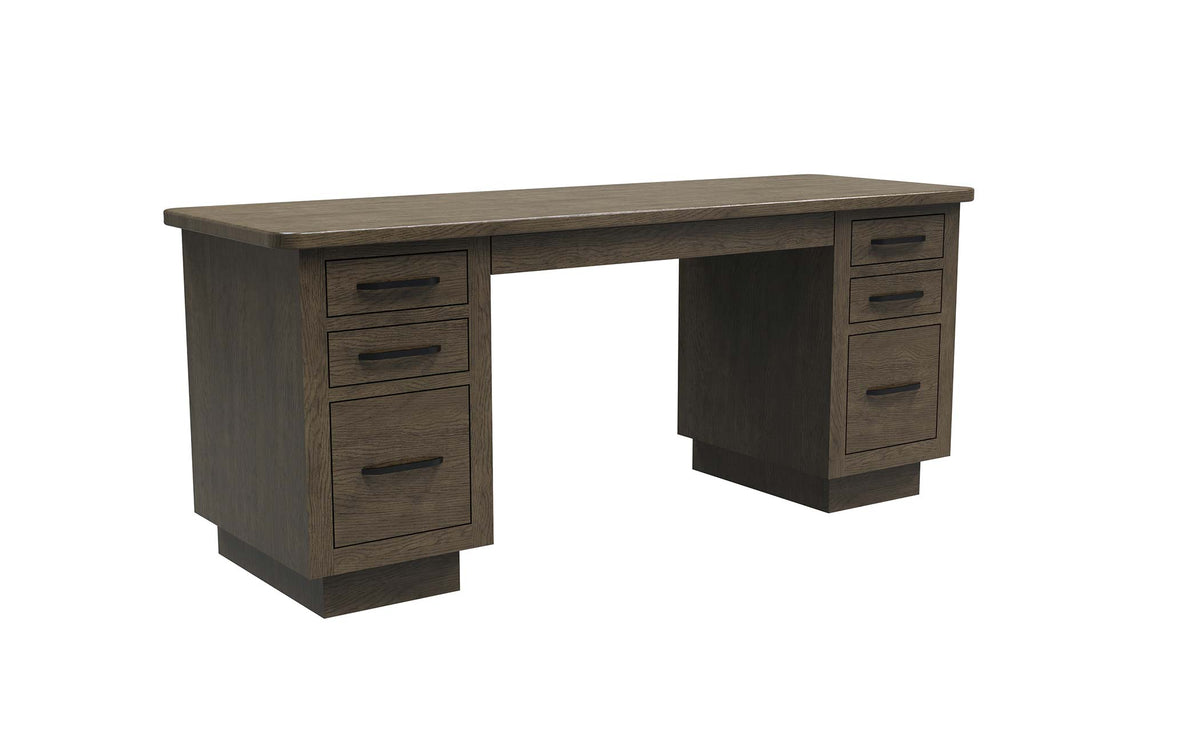 A dark brown wooden writing desk with a rectangular top, three drawers on the left side, three drawers on the right side, and a central open space, shown on a plain white background.