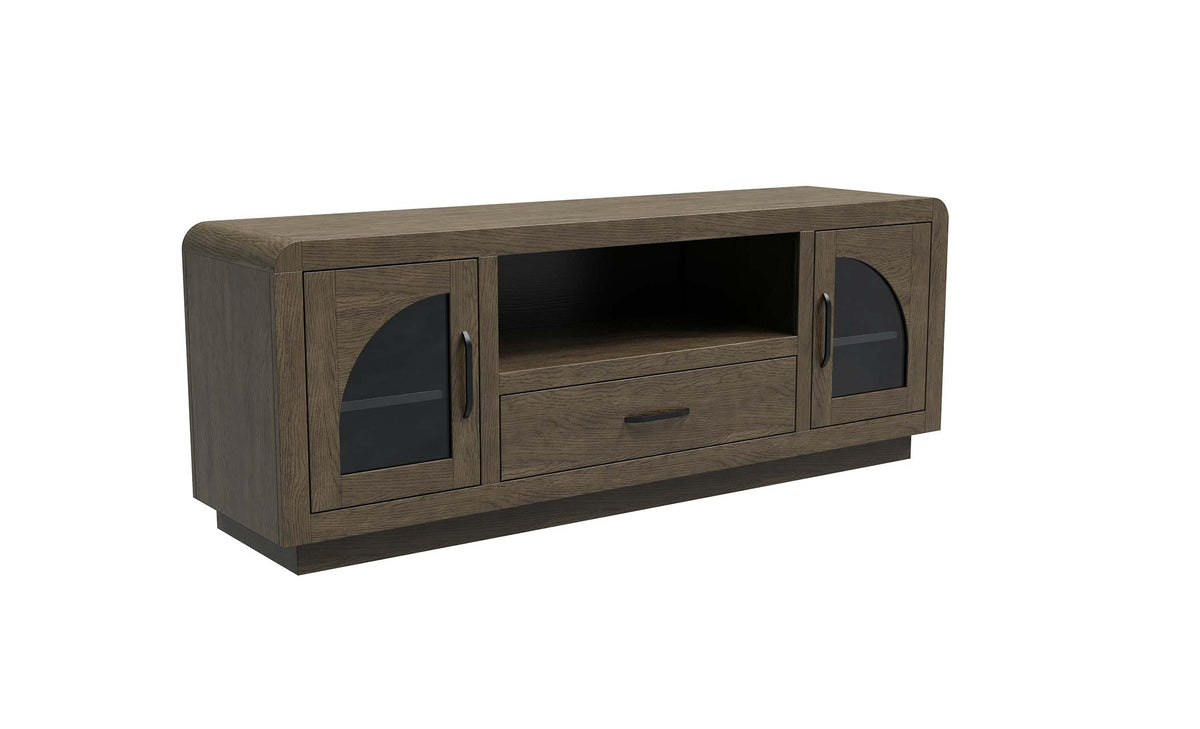 Wooden TV stand with glass doors and a drawer on a white background