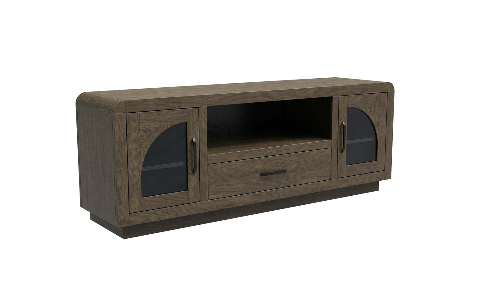 Wooden TV stand with glass doors and a drawer on a white background