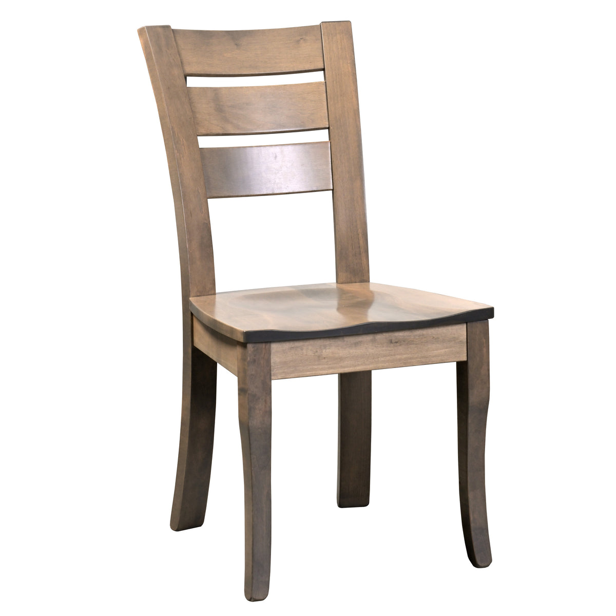 A rustic wooden dining chair with a slatted ladder-back design, featuring a light brown wood seat and backrest with darker brown legs and trim, shown against a plain white background.