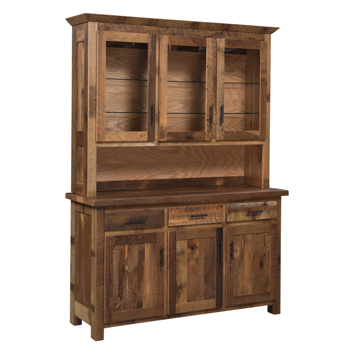 Rustic reclaimed wood china cabinet with glass upper doors, glass shelves, open center and three lower drawers on white