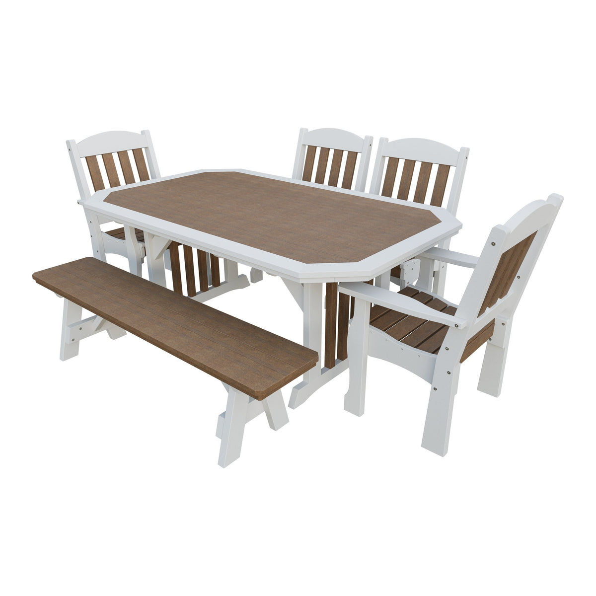 Amish Spanish Garden 6pc Patio Dining Set: Table, 4 Chairs & Bench in Antique Mahogany & White
