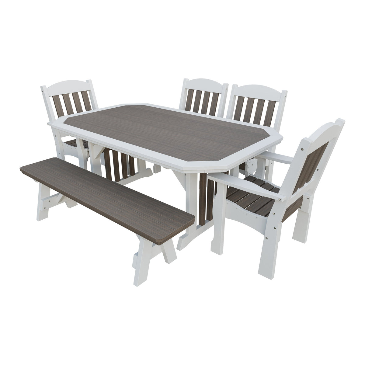 Amish Spanish Garden 6pc Patio Dining Set: Table, 4 Chairs & Bench in Brazilian Walnut & White