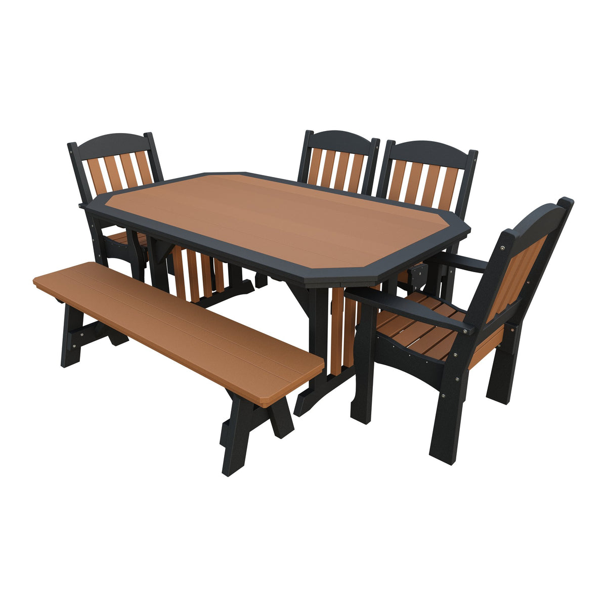 Amish Spanish Garden 6pc Patio Dining Set: Table, 4 Chairs & Bench in Cedar & Black