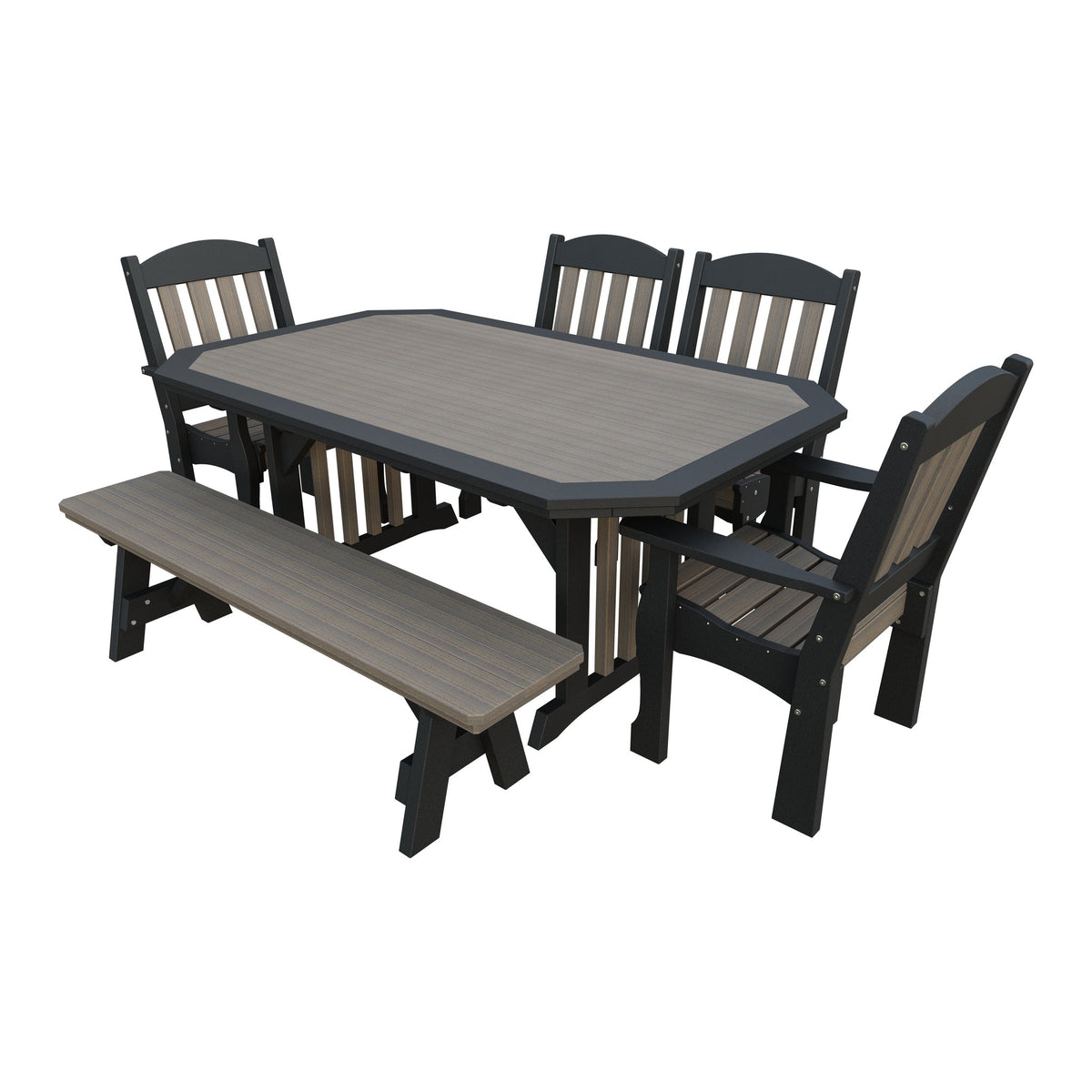 Amish Spanish Garden 6pc Patio Dining Set: Table, 4 Chairs & Bench in Coastal Gray & Black