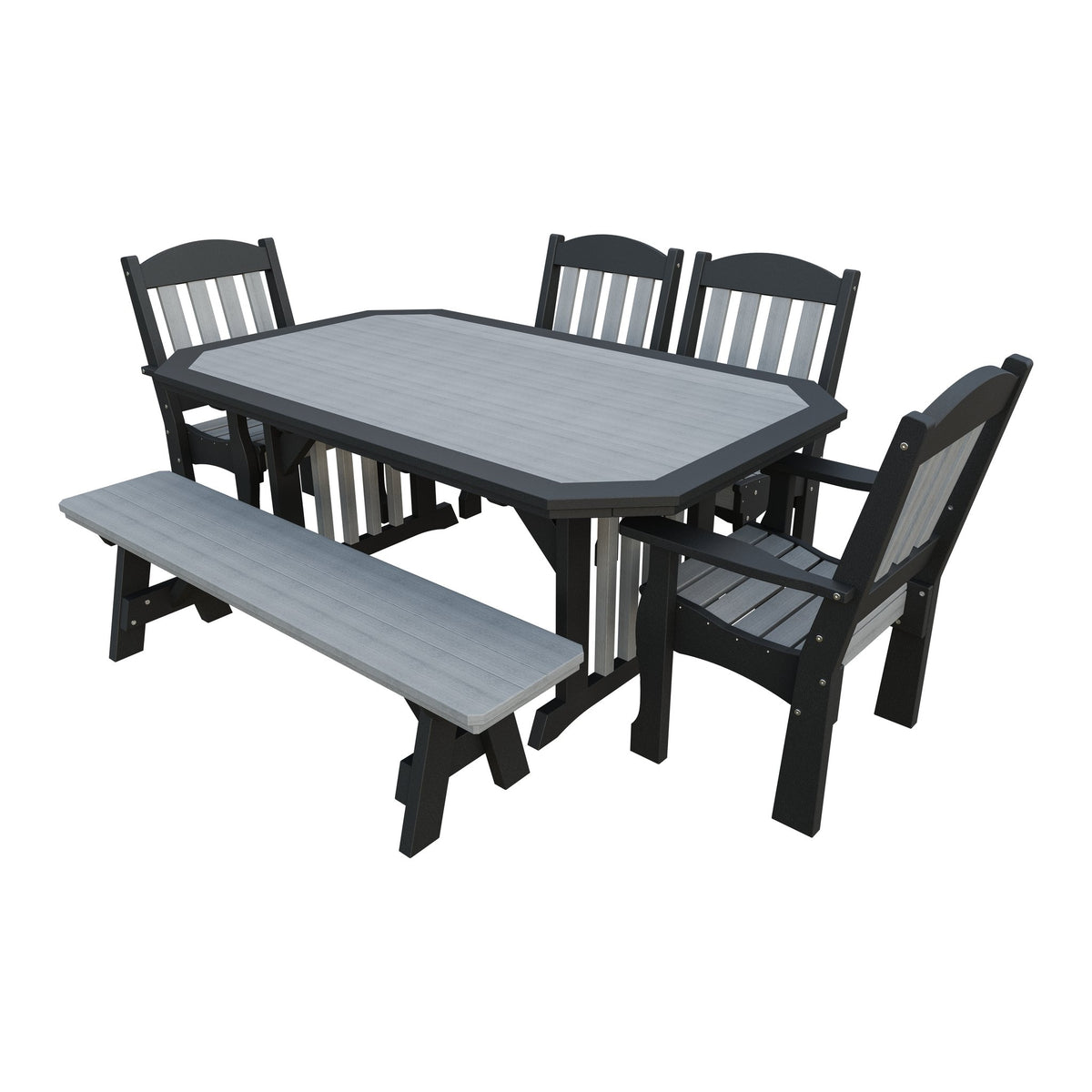 Amish Spanish Garden 6pc Patio Dining Set: Table, 4 Chairs & Bench in Driftwood Gray & Black