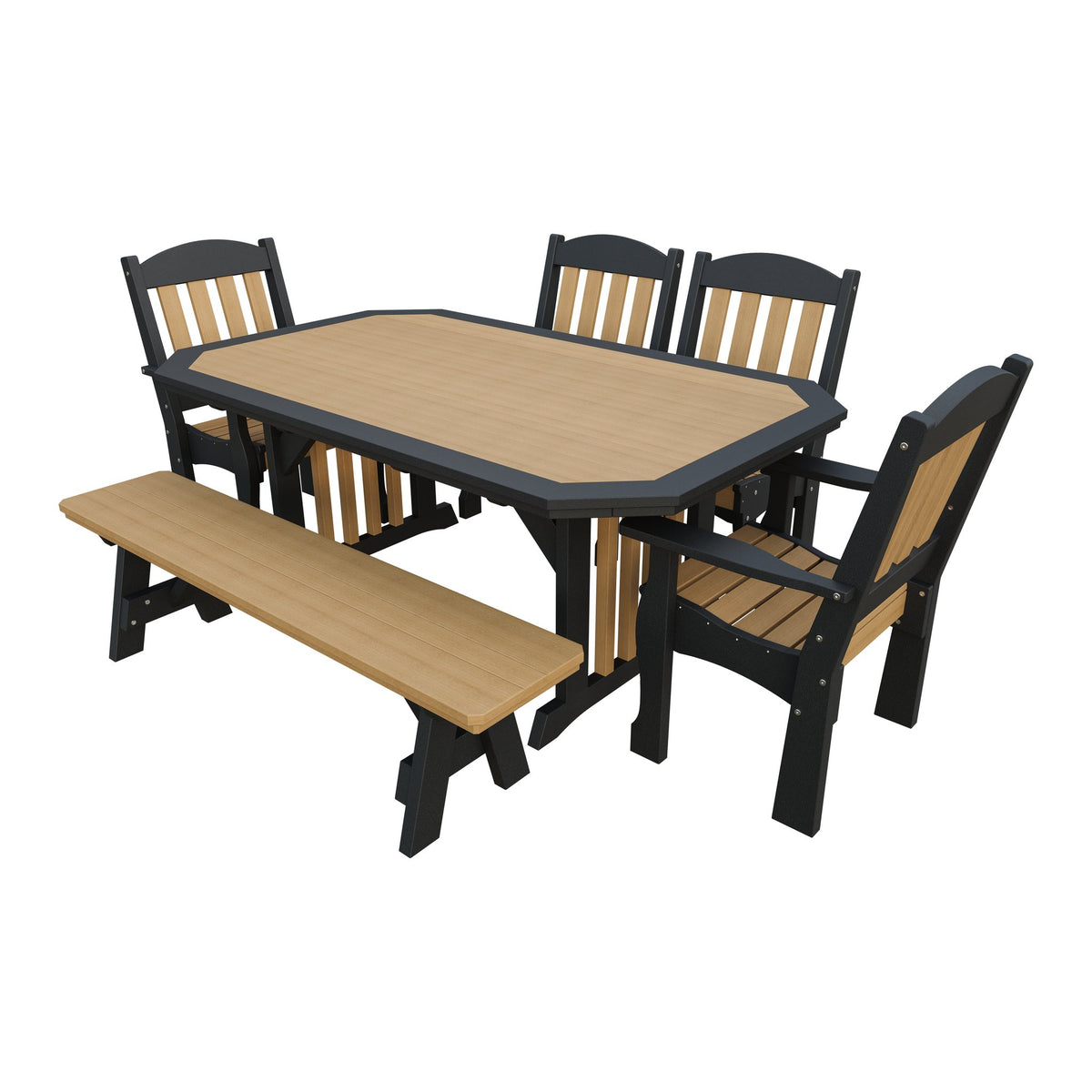 Amish Spanish Garden 6pc Patio Dining Set: Table, 4 Chairs & Bench in Natural Teak & Black