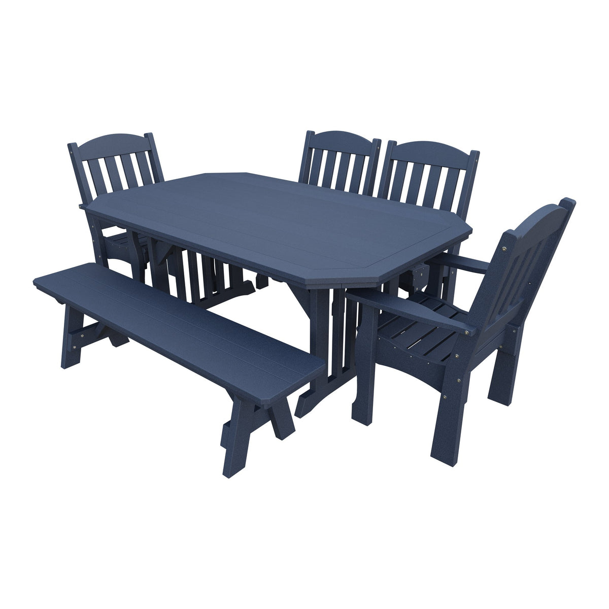 Amish Spanish Garden 6pc Patio Dining Set: Table, 4 Chairs & Bench in Patriot Blue