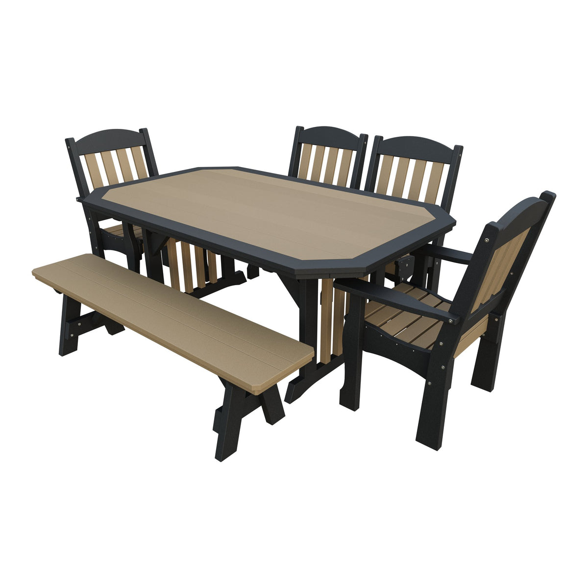 Amish Spanish Garden 6pc Patio Dining Set: Table, 4 Chairs & Bench in Weathered Wood & Black