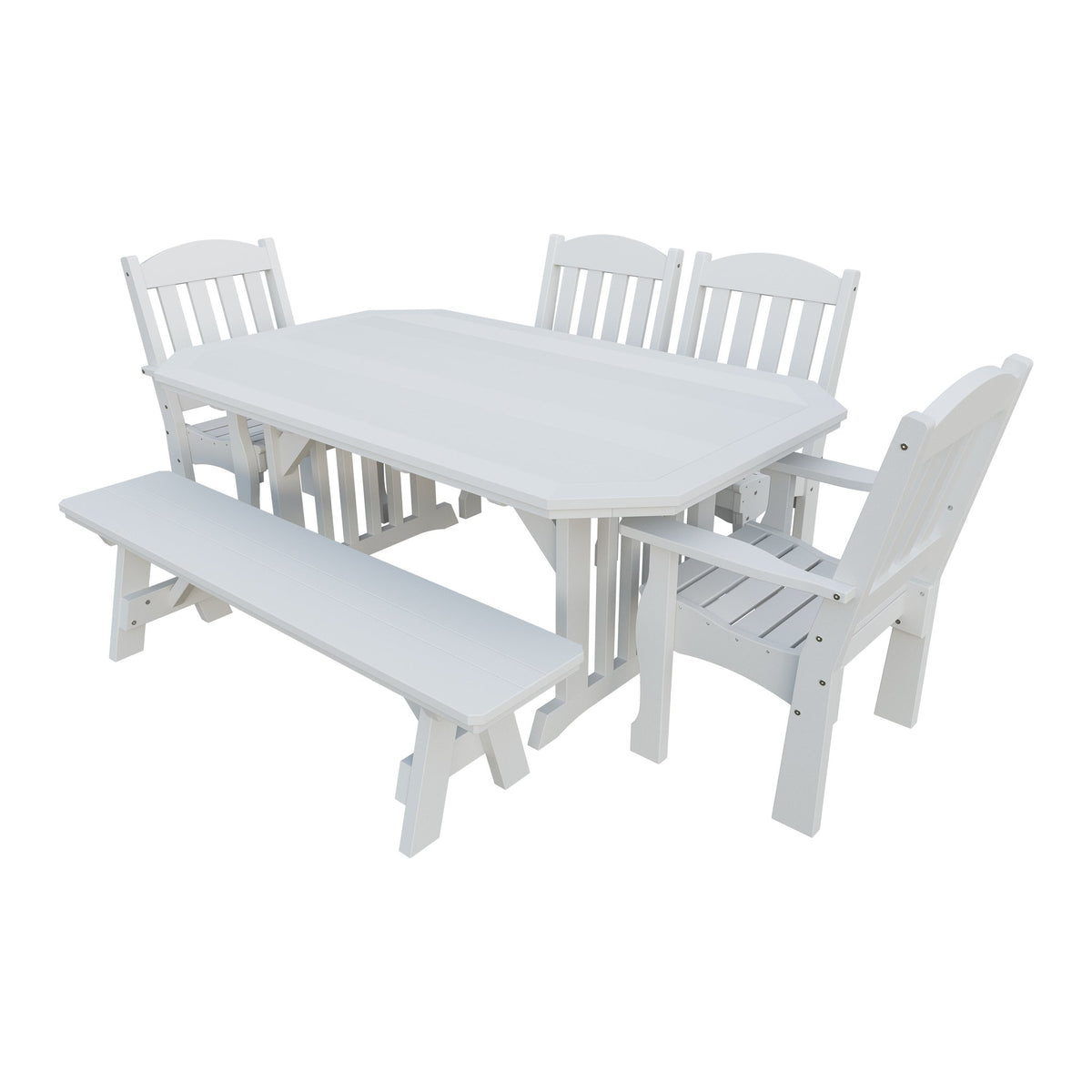Amish Spanish Garden 6pc Patio Dining Set: Table, 4 Chairs & Bench in Bright White