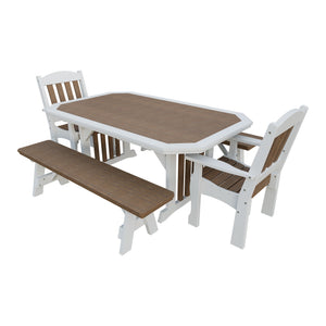 Amish Spanish Garden 5-Piece Patio Dining Set: Table, 2 Armchairs & 2 Benches in Antique Mahogany & White