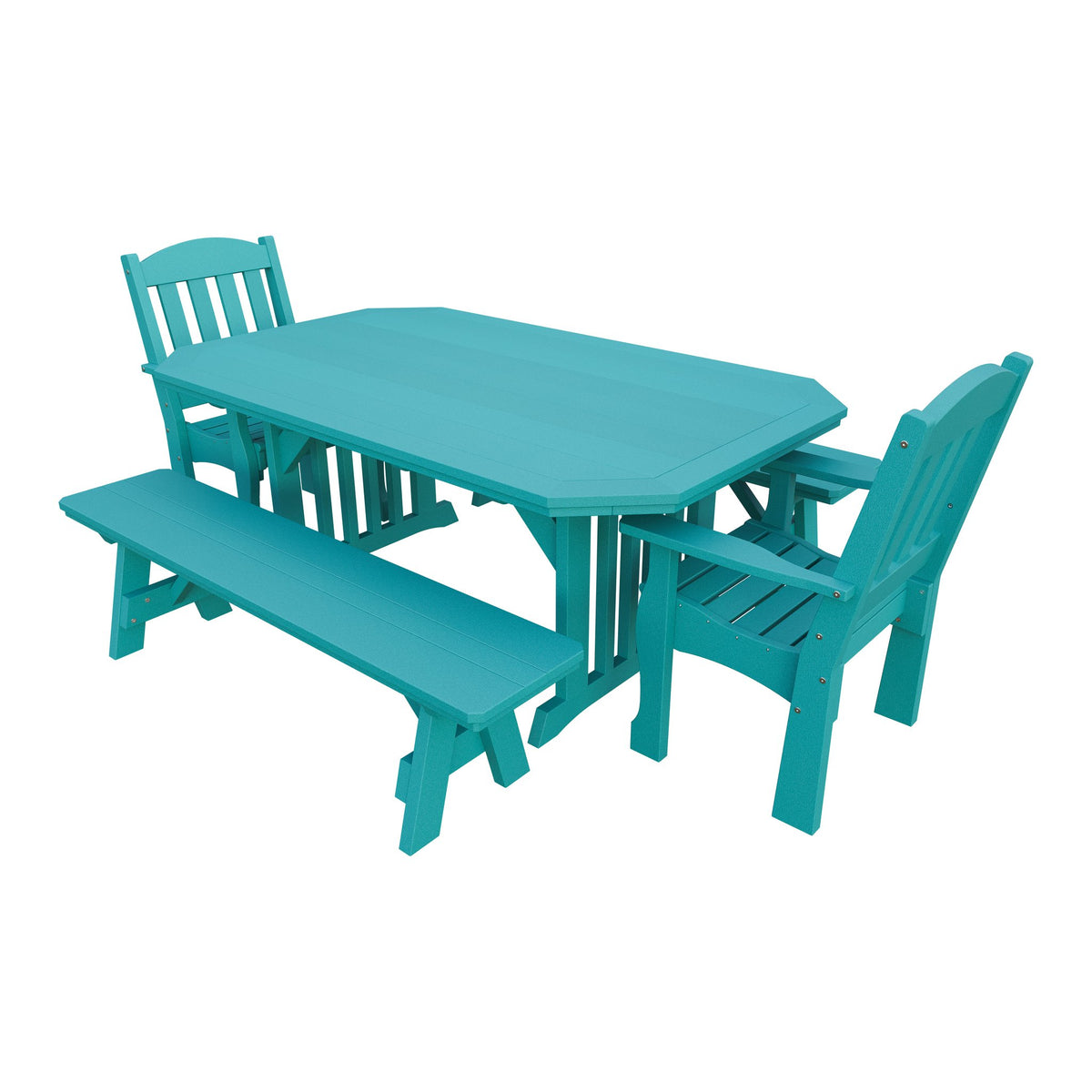 Amish Spanish Garden 5-Piece Patio Dining Set: Table, 2 Armchairs & 2 Benches in Aruba Blue