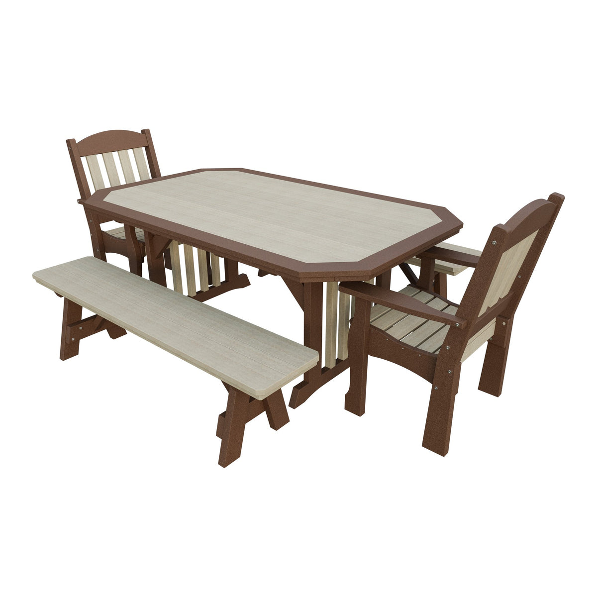 Amish Spanish Garden 5-Piece Patio Dining Set: Table, 2 Armchairs & 2 Benches in Birchwood & Tudor Brown