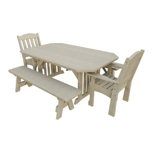 Amish Spanish Garden 5-Piece Patio Dining Set: Table, 2 Armchairs & 2 Benches in Birchwood