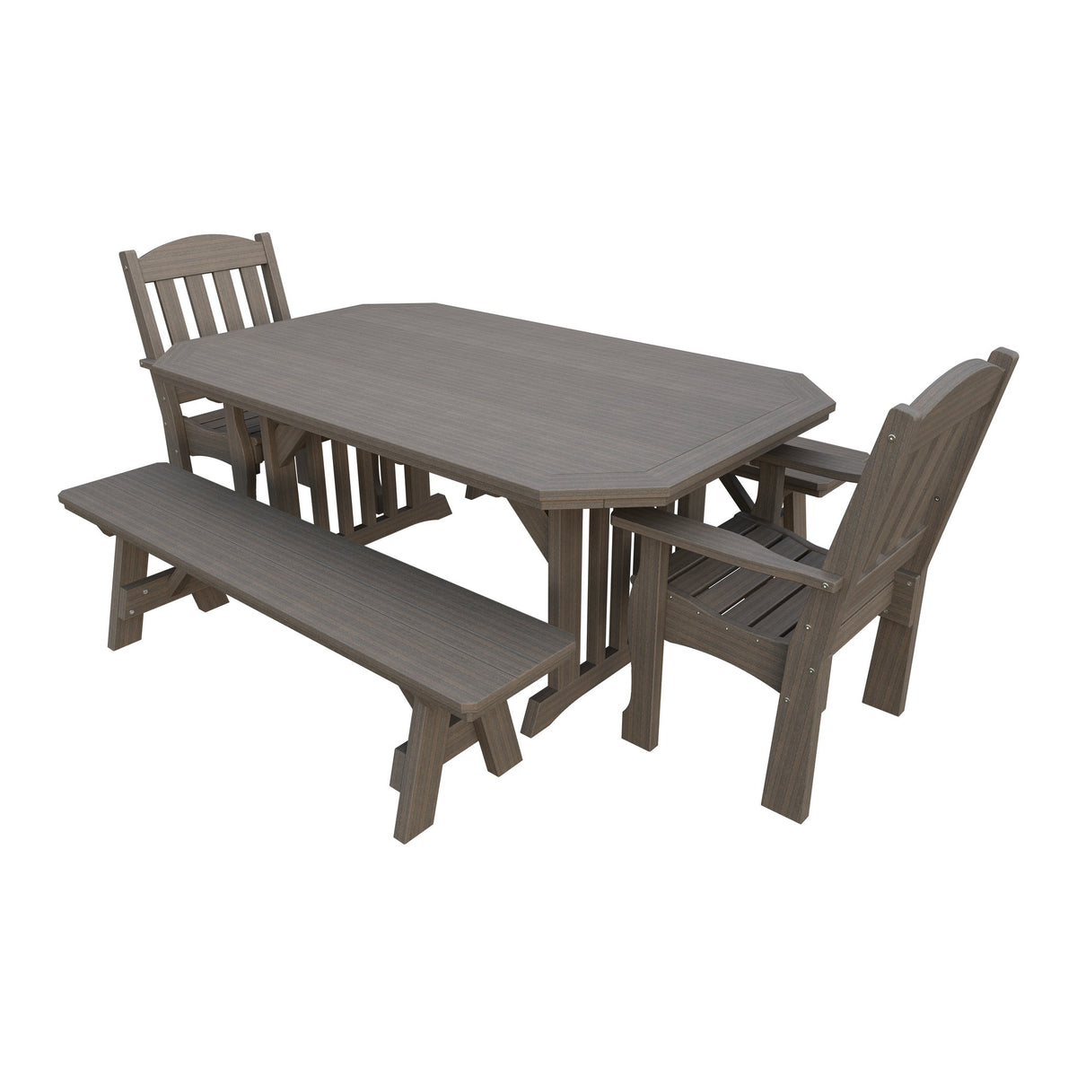 Amish Spanish Garden 5-Piece Patio Dining Set: Table, 2 Armchairs & 2 Benches in Brazilian Walnut