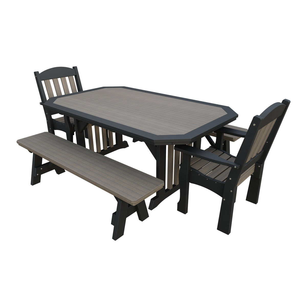 Amish Spanish Garden 5-Piece Patio Dining Set: Table, 2 Armchairs & 2 Benches in Coastal Gray & Black