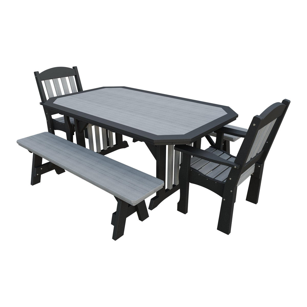 Amish Spanish Garden 5-Piece Patio Dining Set: Table, 2 Armchairs & 2 Benches in Driftwood Gray & Black