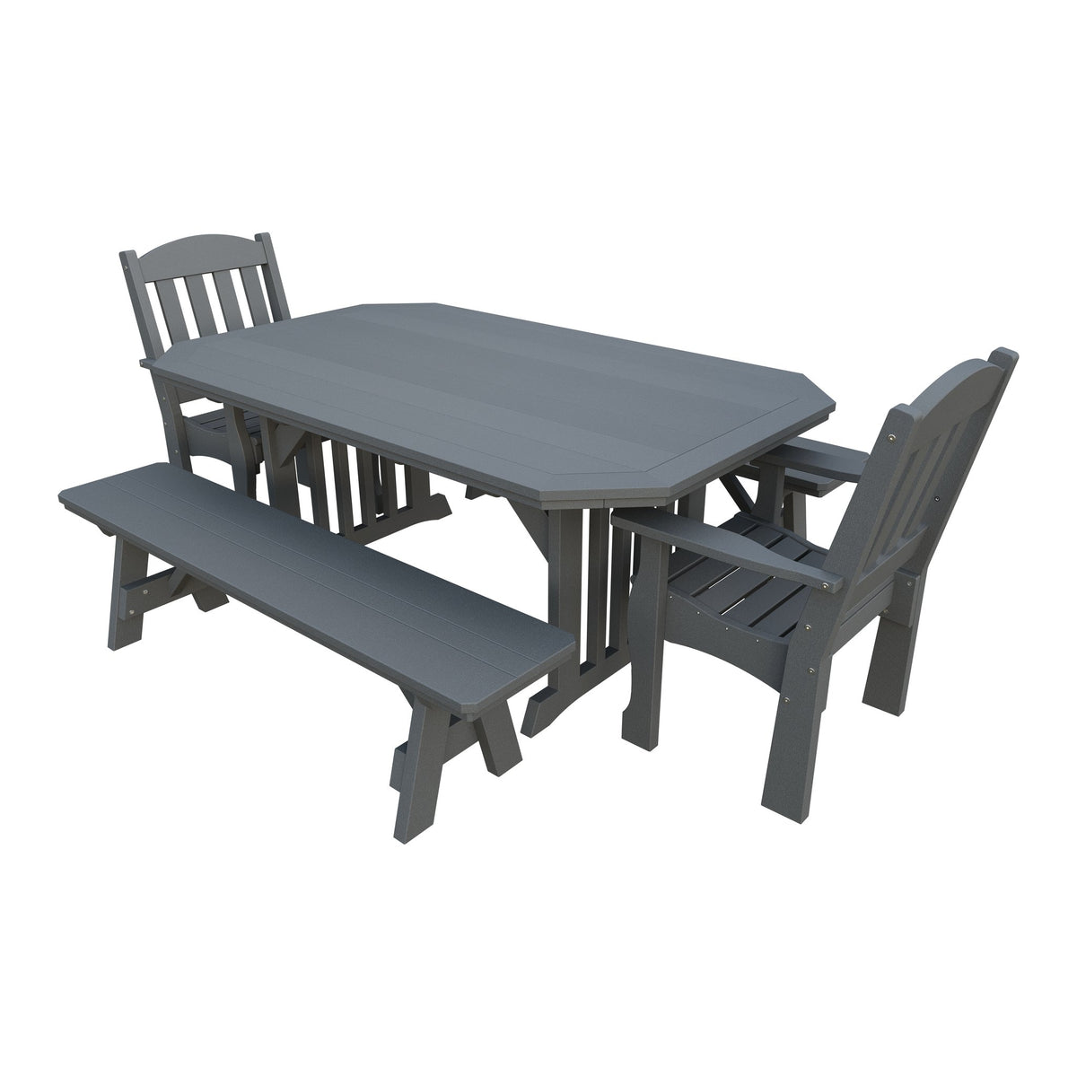 Amish Spanish Garden 5-Piece Patio Dining Set: Table, 2 Armchairs & 2 Benches in Gray