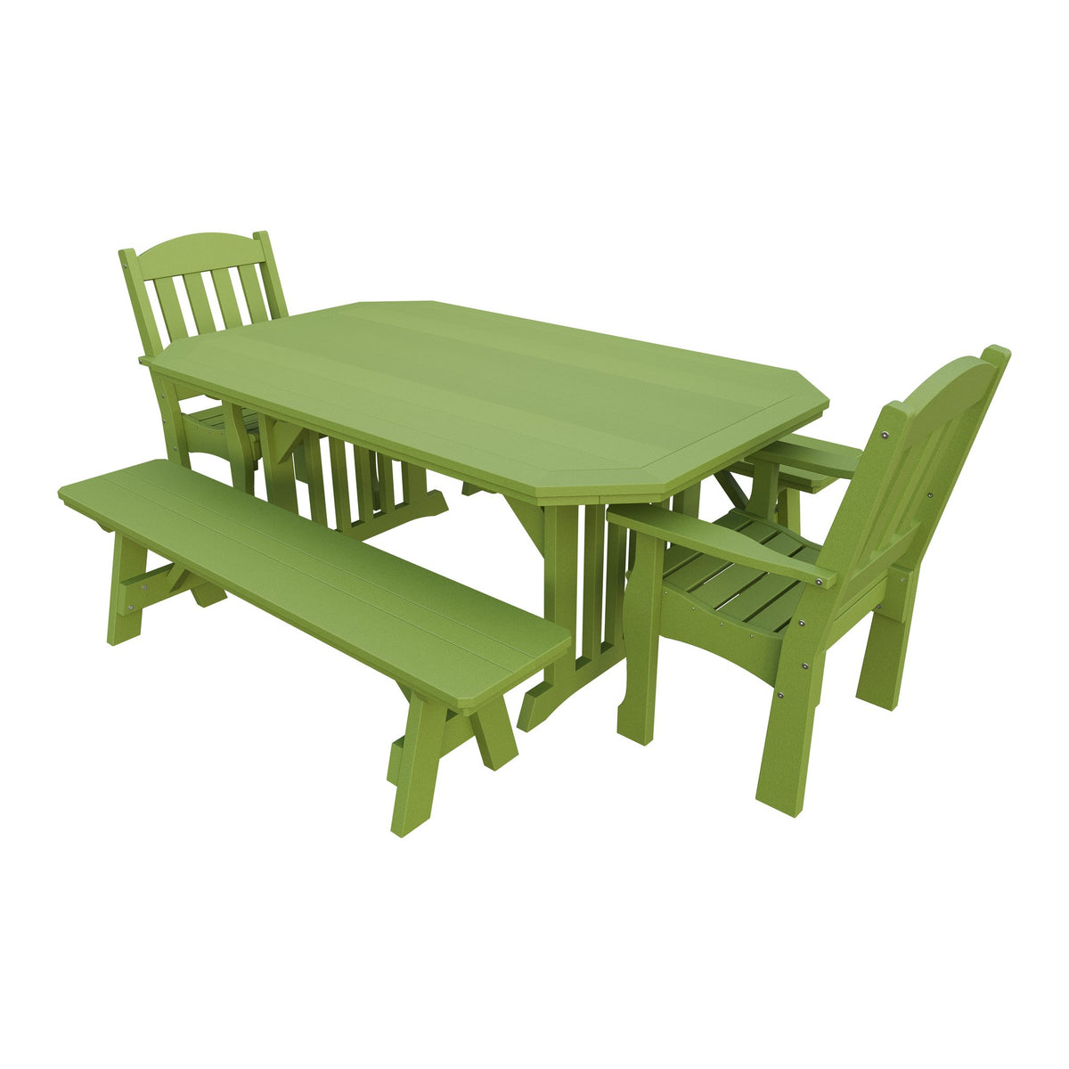 Amish Spanish Garden 5-Piece Patio Dining Set: Table, 2 Armchairs & 2 Benches in Tropical Lime Green