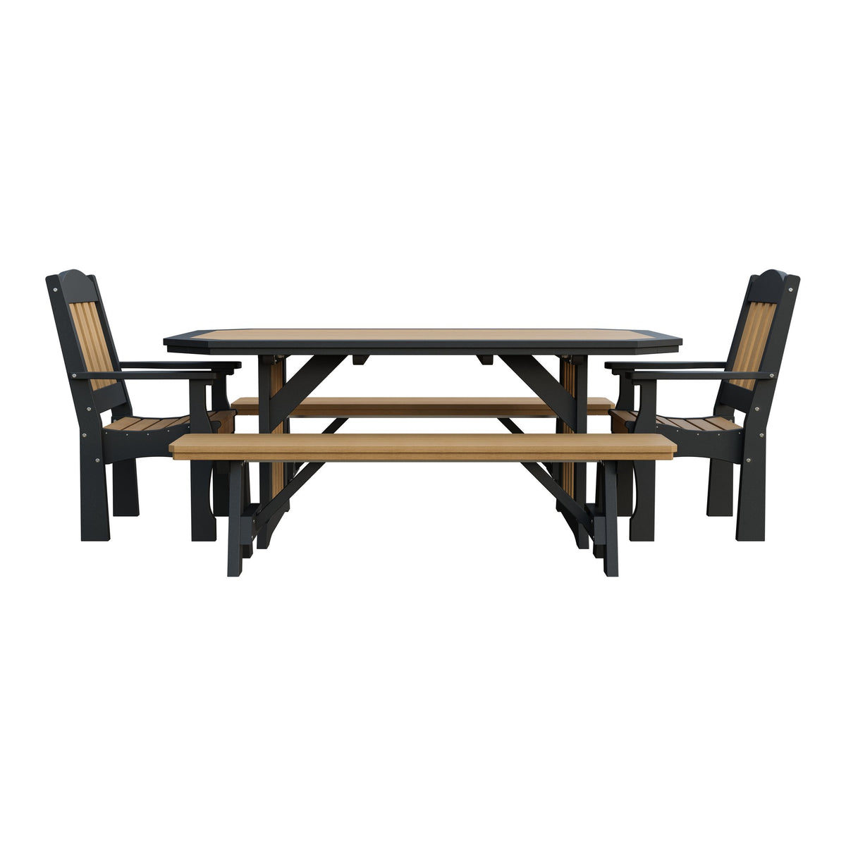 Amish Spanish Garden 5-Piece Patio Dining Set: Table, 2 Armchairs & 2 Benches