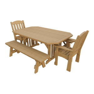 Amish Spanish Garden 5-Piece Patio Dining Set: Table, 2 Armchairs & 2 Benches in Natural Teak
