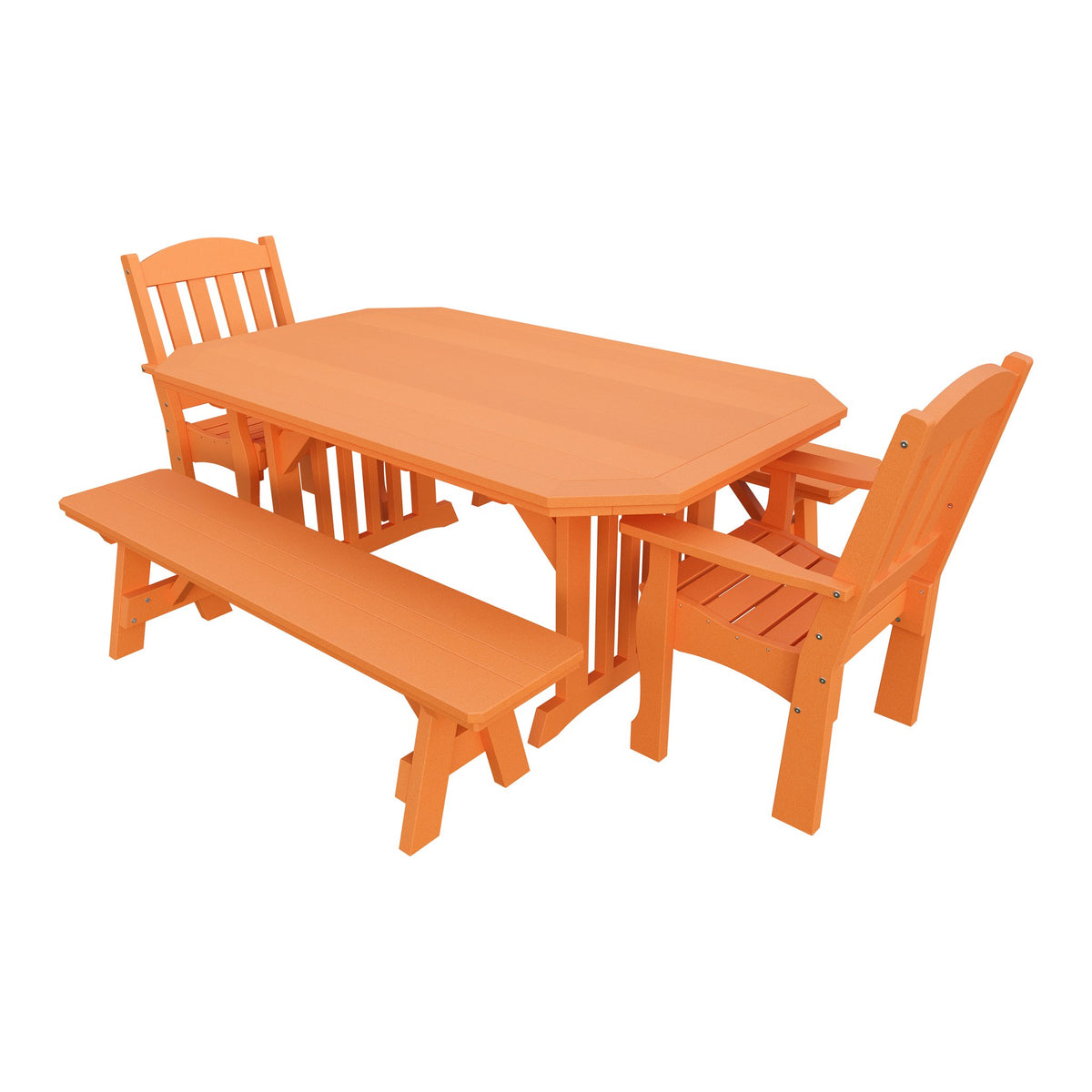 Amish Spanish Garden 5-Piece Patio Dining Set: Table, 2 Armchairs & 2 Benches in Bright Orange