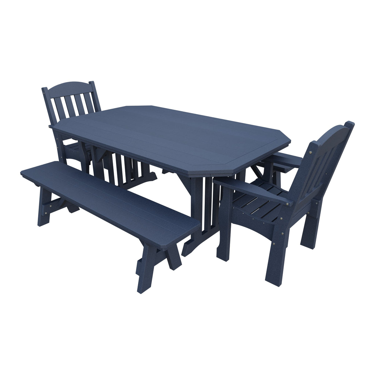 Amish Spanish Garden 5-Piece Patio Dining Set: Table, 2 Armchairs & 2 Benches in Patriot Blue