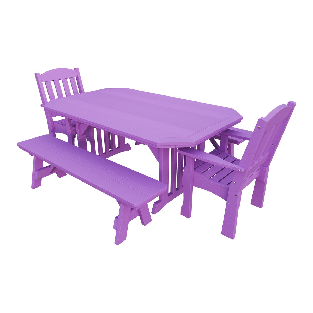 Amish Spanish Garden 5-Piece Patio Dining Set: Table, 2 Armchairs & 2 Benches in Bright Purple